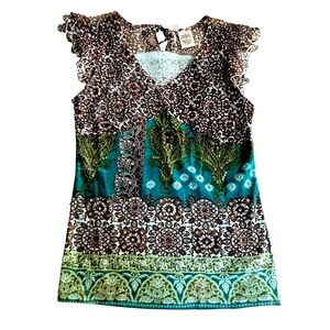 Vintage Womens Small Top‎ Green Paisley Y2K Retro Boho Fairycore Babydoll